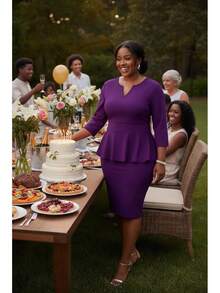 Plus Size Vintage Peplum Pencil Dress For Work Or Church - 紫色 2 - 查看 7