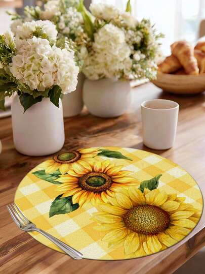 4件/6件装向日葵图案圆形餐垫，家居装饰，农舍风格，亚麻质感，春夏家居装饰，室内/室外派对用品，复古主题装饰，适合日常厨房装饰和各种活动