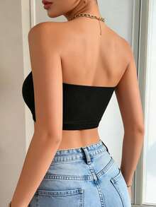 Sujetador bandeau negro con diseño hueco, top bandeau sin tirantes, camiseta sin tirantes para mujer - Negro - Ver 3