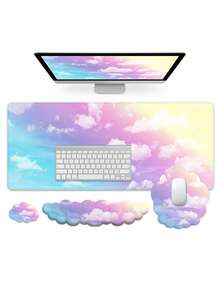 Ergonomic Mouse Pad And Wrist Rest Set -4-Piece Set, Including Large Table Pad, Keyboard Wrist Rest, Mouse Wrist Pad, Coaster-Cloud Design, Arm Pain Relief For Office Use - View 2