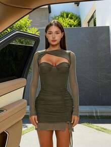 XLLAIS Christmas Party Y2k Sexy Sheer Sleeve Evening Dress Fashion Stretch Mesh Ruffle Mini Dress Rave Party Rave Outfits Elegant - Army Green - View 4