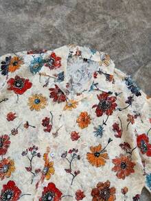 Soft Textured Short Shirt, Unisex, Summer Floral Pattern, Jacquard Fabric, Loose Fit, Distressed, Couple Shirt, Hollow Out, Casual Outings, Young People's Outfit, Vacation Shirt, Short Sleeve Outerwear - 彩色 - 查看 4