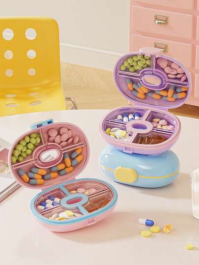 صندوق أقراص محمول مقسم على شكل دونات لمدة 7 أيام، علبة أقراص مدمجة للرجال والنساء، صندوق تخزين عبر الحدود للأدوية/المجوهرات/الأقراط/القلائد، 7 تجويفات مستقلة، مقاوم للتسرب والغبار، شفاف