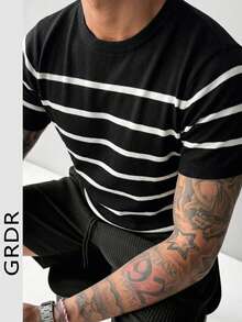 GRDR Men's Summer Knit Striped Short Sleeve Sweater, Versatile For Summer Socializing And Dining - Black - View 7
