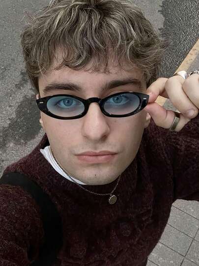 1 pieza Gafas de moda con montura estrecha para hombres, marco de policarbonato negro clásico, ligero y ajuste ceñido, estilo vintage, adecuado para exteriores, viajes y atuendos de fiesta, con estuche de gafas