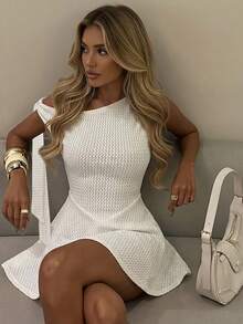 HoloChill Women's Casual Beach Vacation White Textured Asymmetric Neck Tie-Waist Short Dress, Women's Beach Dress, Wedding Guest Party Dress, Birthday Dress, Elegant Dress, Vacation Dress, Casual Dress - White - View 1