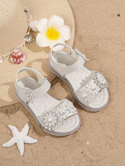 1 Pair Girls' Summer Sandals, Minimalist Solid Color Pearl Flower Hook And Loop Casual Flat Sandals For Daily Wear