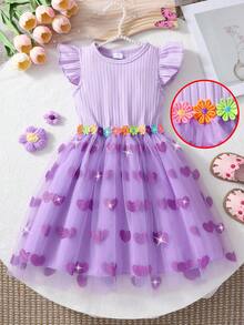 小女孩甜美公主风连衣裙，短袖圆领针织刺绣腰部拼接爱心网纱裙，适合女孩度假日常穿着。 - 紫色 - 查看 2