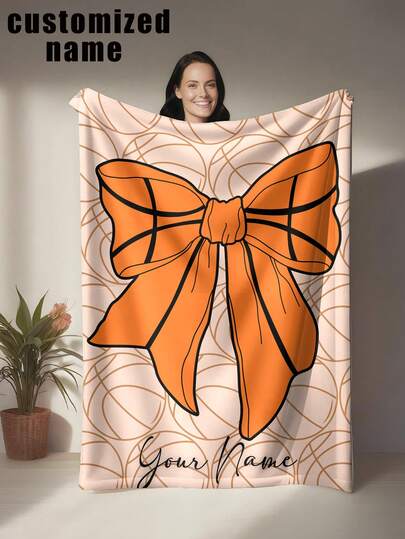 Customized Orange Bow Blanket, With A Warm Orange Large Bow As The Core, Paired With Light Pink Background And Golden Geometric Lines, Sweet Style Yet Elegant, Soft And Skin-Friendly Texture. It Can Be Used As A Sofa Throw, Bed Blanket Or Nap Blanket, Versatile For All Seasons, Also Suitable As A Exclusive Gift For Birthdays, Anniversaries, And Presents For Friends, Girlfriends, And Family Members.