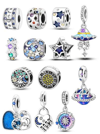 DIY Space Galaxy Silver Plated Beads | Star Moon Sun Heart Lock Enamel Charms | Easter Holiday Gift Jewelry Suitable For Bracelets And Necklaces, Jewelry Gift For Women