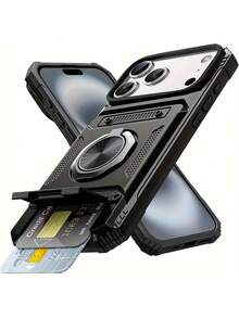 Luxury Military Quality Rotated Ring Kickstand Heavy Duty Drop Protection Wallet Phone Case Compatible With IPhone 17 Pro Max 13 14 15 16 Pro Max 14 15 16 Plus 17 15 16 14 13 With Metal Bracket And Card Slot Shockproof Hard Shell Phone Cases - Black - View 2