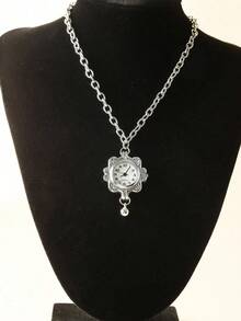 1pc Creative Round Quartz Watch Pendant Necklace, Unisex For Everyday And Party Wear - 復古銀色 - 查看 10