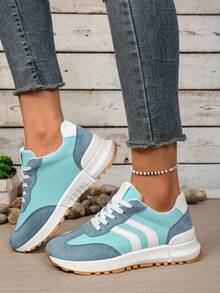 女士厚底休闲鞋，系带圆头软底轻便防滑徒步跑步厚底运动鞋 - 淺藍色 - 查看 5