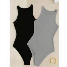 Kit 2 Bodys Bori Feminino Regata Básico Gola Redonda Estilo Casual Forrado Segunda Pele Collant Chic Atemporal - PRETO/CINZA - Visão 1