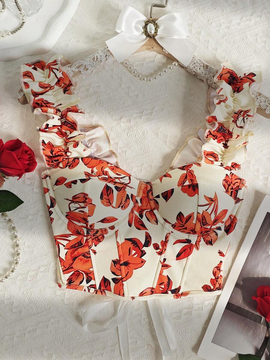 Orange Floral Print Ruffle Strap Corset Top