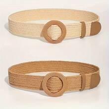 1pc/2pcs Bohemian Straw Waist Belt Set, Suitable For Women Summer Beach Vacation - Camel - View 3