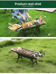 1 SET Outdoor Charcoal Grill, Foldable BBQ Rack, Portable Charcoal Grilling Tool For Camping And Picnic, Outdoor And Home Use, Camping Supplies - Multicolor - View 12