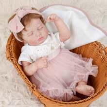 Cloveray Gentle And Tranquil Reborn Baby Doll, Realistic Rooted Hair Soft And Natural, High-Quality Painting Technique Reproduces Delicate Baby Skin Texture And Expression. Wearing A Big Bow Headband, Layered Pink Tulle Princess Dress With Lace Trim And Fresh Floral Patterns, Peaceful And Cute Sleeping Pose. Made Of Soft Vinyl Material With Warm And Realistic Touch, Serves As A Comforting Companion Doll For Children, Healing Home Decor, And Premium Collectible Item For Doll Enthusiasts. A Meaningful Gift For Kids Or Collectors. - Baby Pink - View 4