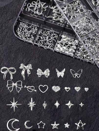 2 Boxes Of Nail Art Decorations, Featuring Gold Metal Studs, Hollow Heart And Bow Designs, Moon, Stars, For DIY Nail Art Decoration And Jewelry Making, To Create Japanese Style Nail Art, And Includes Unscented Nail Stud Accessories.