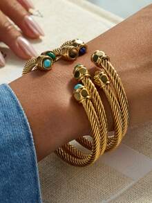 RAYQUEEN 1 pieza Brazalete abierto con rosca de acero inoxidable, adecuado para uso diario - Amarillo Oro - Ver 4