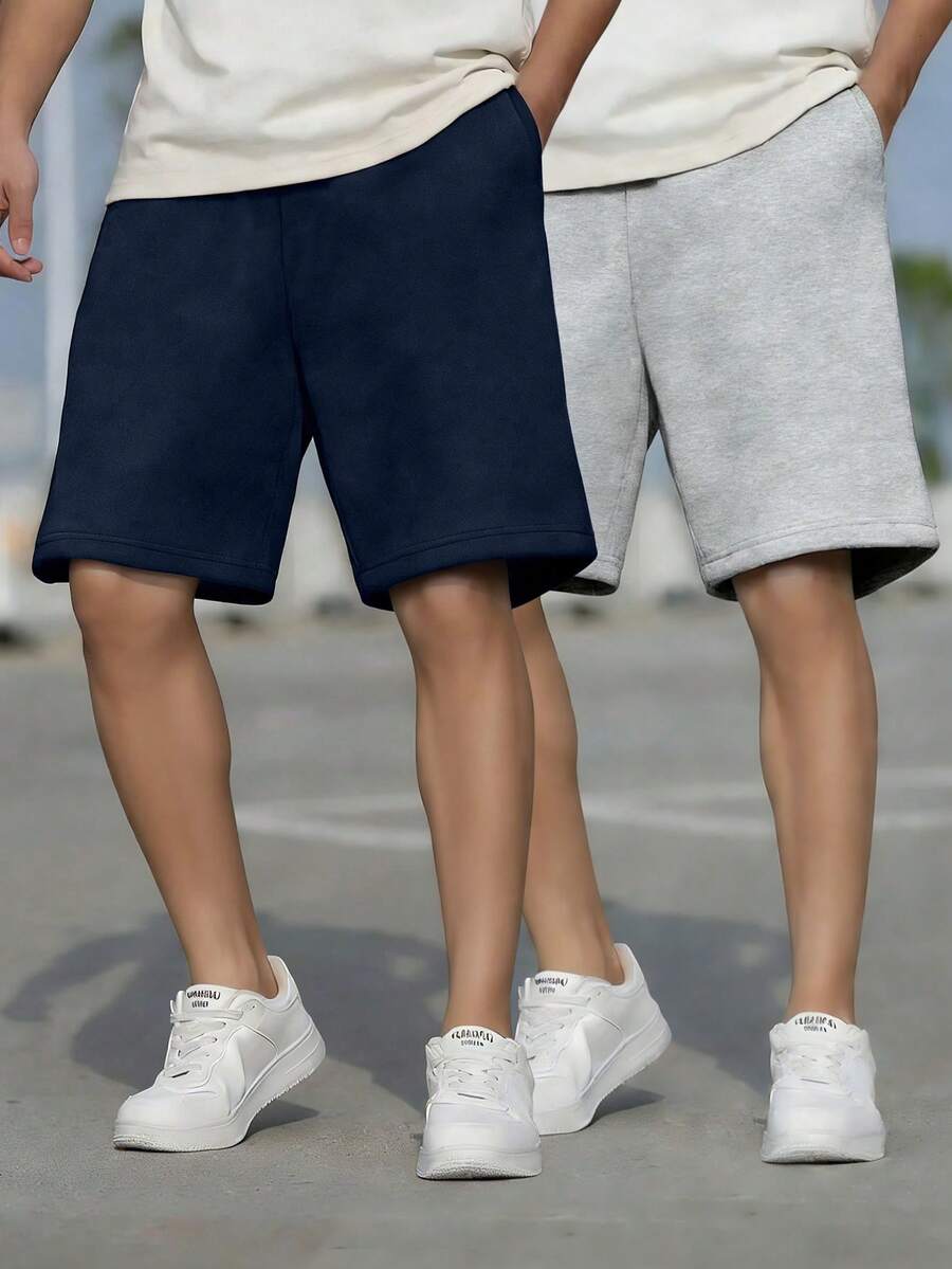 2件組青少年男孩夏季休閒戶外百搭直筒膝蓋長度短褲，黑色與灰色 - 彩色 - 查看 1