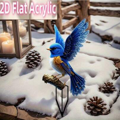 2D Flat Retro Blue Hummingbird 2D Garden Stand, Plastic Animal Theme Outdoor Decor, Ground Mounted, Battery-Free, Perfect Valentine's Day Gift