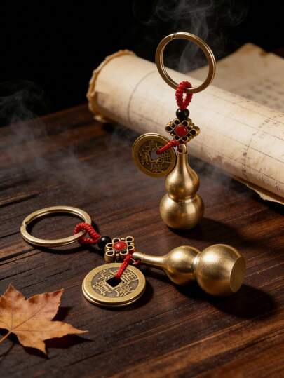1Pc Vintage Brass Wu Lou Keychain With Fortune Coins,Feng Shui Wu Lou Gourd Keyring Classy Red String Lucky Charm Good Luck And Wealth For Car Key Purse Decor