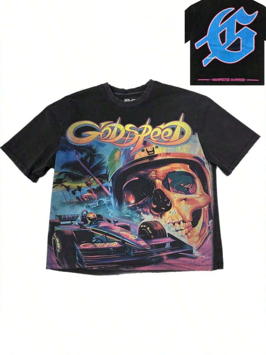 Godspeed F1 Dreams T-Shirt, High Quality Thick Heavyweight, New Autumn Fashion For Men, Premium Cotton Fabric, Suitable For Street Style, Machine Washable, Daily Gift,Mens Clothes,Graphic Tee,Summer Clothes,Summer Tops,Easter Outfits,Spring Clothes ,Shirts - 黑色 4 - 查看 1
