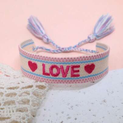 1pc Embroidered Heart & Letter "LOVE" Handmade Braided Bracelet, Vintage Tassel Boho Style, Suitable For Friends, Family, Holidays, Travel, Parties, Weddings, Gift
