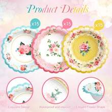 Domensi - Cuencos de papel floral de 12 onzas cuencos desechables de papel floral clásico color rosa azul amarillo flores cuencos desechables para comida caliente para fiestas de té bodas - rosa azul amarillo - Ver 3