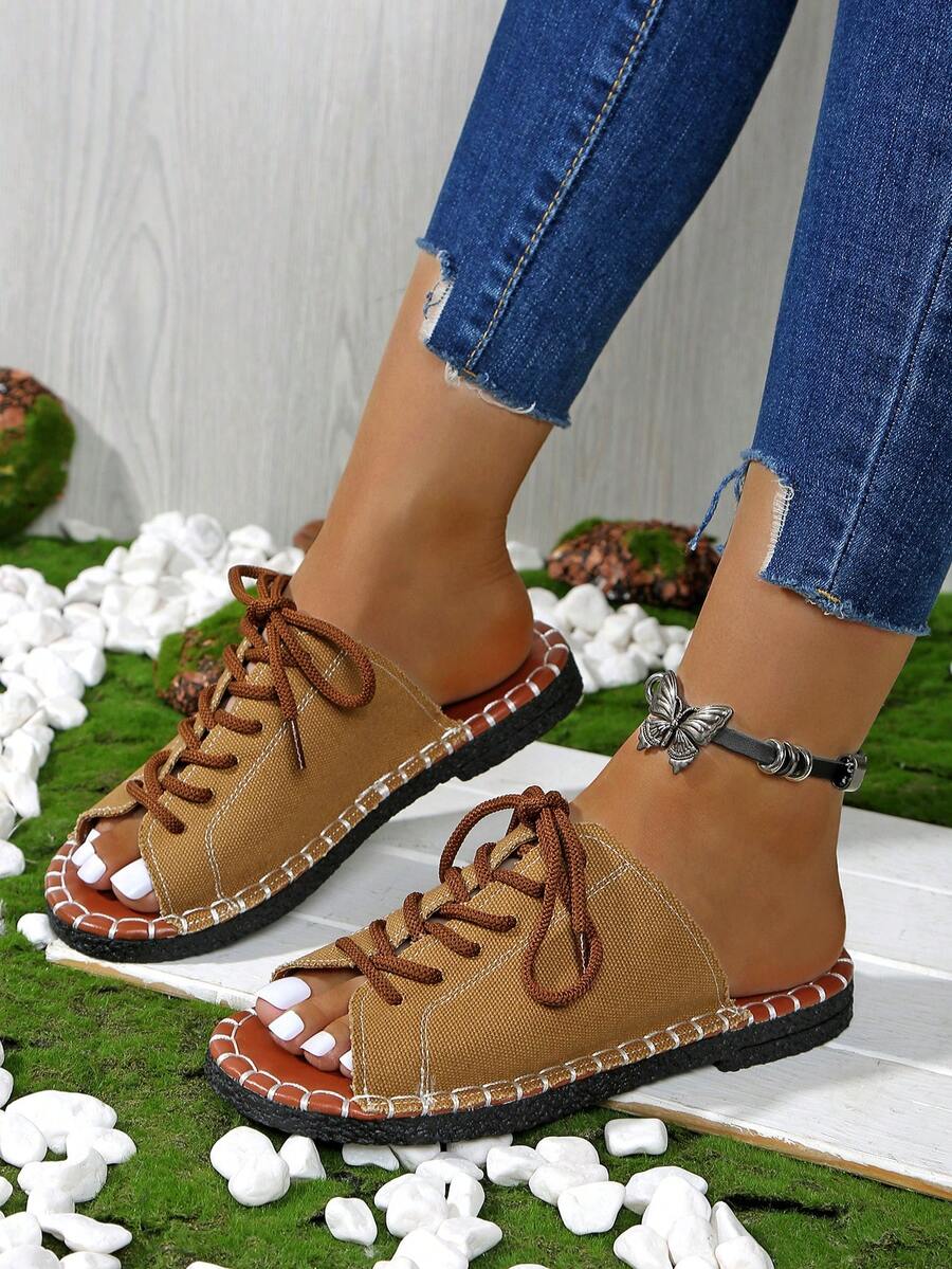 Giày sandal đế xuồng kiểu La Mã cho nữ, mẫu Hàn Quốc mùa hè mới, mũi tròn, đế bằng, màu đen, thích hợp đi bộ hàng ngày. - Màu be - Xem 1
