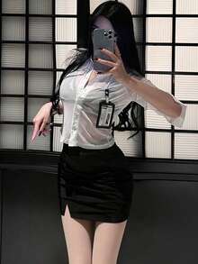 1 Áo + 1 Chân váy + 1 Áo giáp ngực, Bộ đồ lót thư ký công sở gợi cảm, xuyên thấu, ôm sát cơ thể, váy dạ hội, bộ đồ lót giáo viên hoàng gia ngây thơ. - trắng - Xem 3