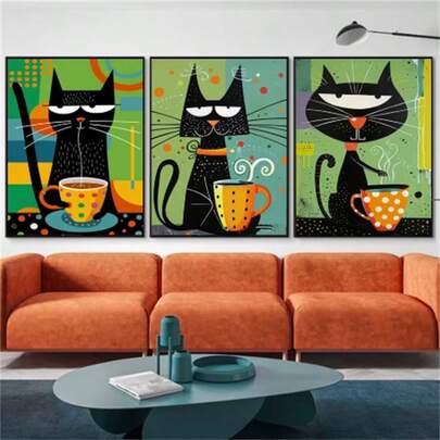 1 pieza Póster enmarcado opcional Artes de pared Gato negro caprichoso tomando café para dormitorio, guardería, animal de dibujos animados, gato lindo, decoración del hogar