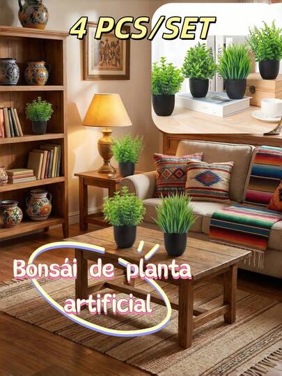 4 piezas de macetas artificiales negras, plantas verdes falsas en maceta, adecuadas para decoración interior del hogar, oficina, baño y dormitorio, incluye eucalipto de plástico y césped de trigo en miniatura, ideal para decoración de plantas artificiales de escritorio interior, regalo del Día de San Valentín, regalo de cumpleaños, regalo de graduación, decoración de jardín, plantas exteriores, jardinería, flores artificiales