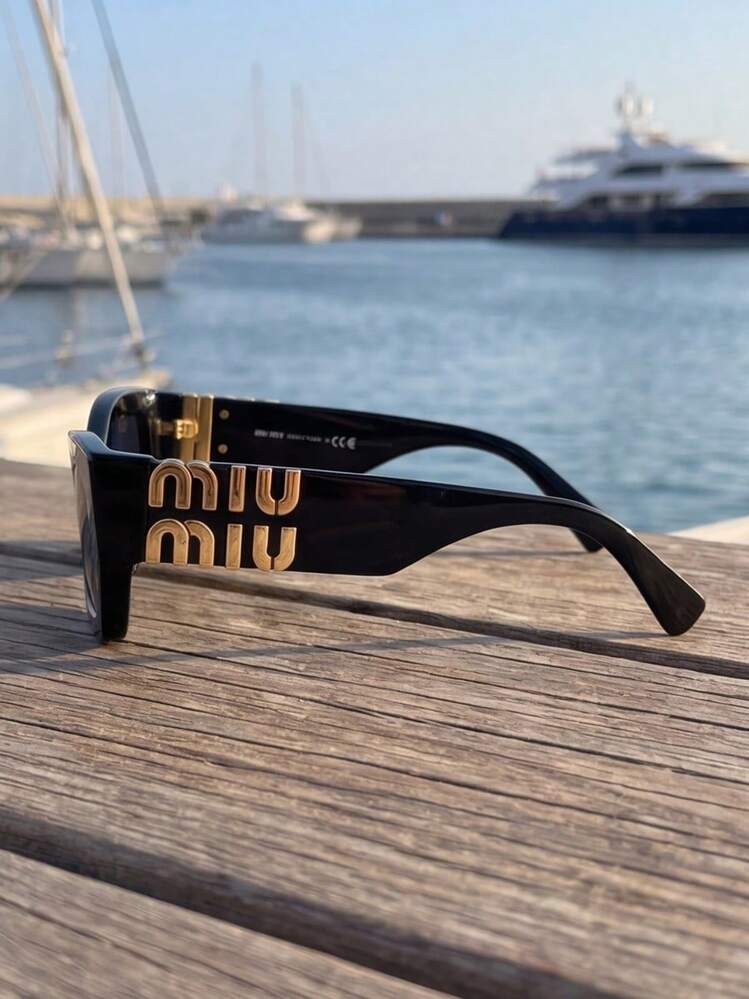 Miu Miu Black Oval Frame Gold Logo UV Protection Fashionable Women's Sunglasses, Summer Beach Style - Black - View 8