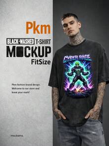 Men Black Washed Streetwear Fashion Brand Urban 100 Percent Cotton T Shirt Cyber Race Graphic Print Casual Wear Outfit | Vintage Heavyweight T Shirt | Perfect Gift | Loose Comfortable Breathable | Machine Washable Fabric | Hip Hop Cool Style | Drippy Clothes | Y2K - 黑色 - 查看 2