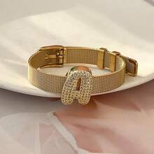 1pc Creative Fashion Elegant Design Exquisite Light Luxury Titanium Steel Inlaid Synthetic Zirconia 26 Alphabet Bracelet For Women Couple Jewelry Delicate Gift, Suitable For Mother's Day,Daily Dates, Parties, Summer, Beach,Holidays, Wedding, Vacation Wear - Gold - View 16