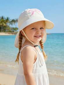 1pc Girls' Summer Hat, Fashionable Embroidered Bucket Hat, Girls' Versatile Sun Protection Wide Brim Beach Hat - 1PC - View 4