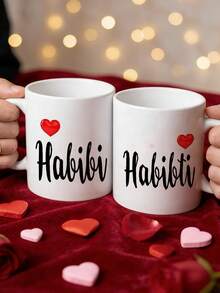 2个装，11盎司阿拉伯语“Habibi & Habibti”手写情侣马克杯套装，心形设计，陶瓷杯套装，送给爱人、情侣、男女皆宜 - 保温可重复使用，情人节、生日、圣诞节、母亲节、父亲节、毕业典礼礼物，冷热饮皆宜，多功能，可用于咖啡、茶、热巧克力、夏季果汁，旅行、露营、运动、上学和日常使用。 - 彩色 - 查看 1
