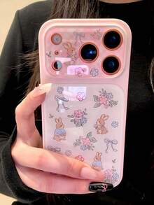 Luxury Cute Pink Flower Rabbit Bow Plaid Large Window Phone Case Compatible With IPhone 17 Pro Max 16 15 14 Pro Max Fashion Freshness White Background Pink Border Shockproof Back Cover - Pink - View 1