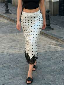 Women's Satin Polka Dot Contrast Lace High Waist Midi Skirt, Elegant Fashion With Eyelash Lace Hem, Perfect For Date Night - 白色 - 查看 4