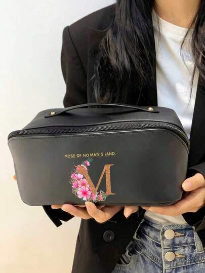 1个黑色人字纹加厚干湿分离可挂式洗漱包，适合旅行和出差