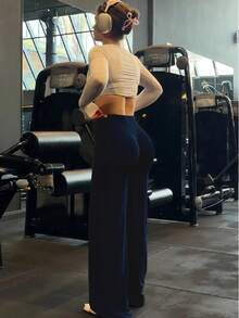 高腰喇叭瑜伽裤，提臀，弹力宽松喇叭裤腿运动裤，可机洗，女士款，阔腿裤，直筒裤，健身，夏季，春季女装，春季 - 藏蓝色 - 查看 2