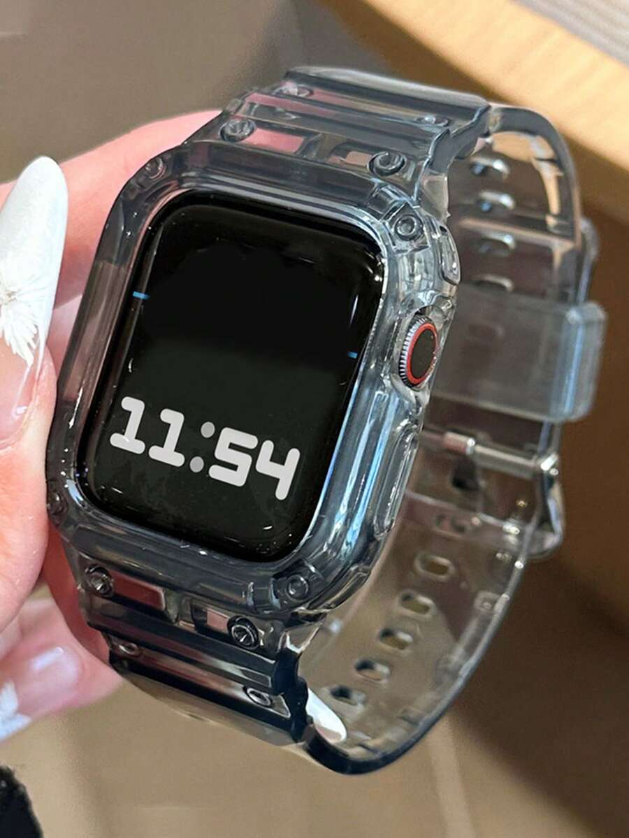 Stylish Summer Integrated Glacier Clear Silicone Strap Compatible With Apple Watch Band 44mm 42mm 45mm 41mm 38mm 40mm Bracelet With Case Compatible With IWatch 9 8 7 Unisex Smartwatch Accessories - Black - View 1