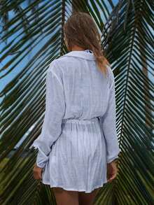 Swim Vcay Beach Vacation Women's Elegant Casual Pullover Shirt With Buttons, Tie-Bow Sleeve Cover Up, Minimalist Short Versatile Beach Dress Summer - 淺藍色 - 查看 3