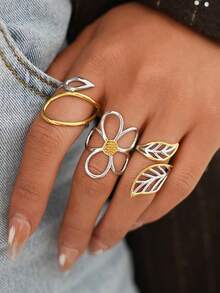 Frminee 3 piezas/1 pieza Anillos de acero inoxidable dorado con patrón floral y de hojas elegante y grueso, conjunto de anillos apilables, anillos de flores, anillos de nudillos para mujeres, joyería gruesa - Color mezclado oro y plata - Ver 6