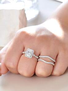 AIHUASI 2pcs/Set 925 Sterling Silver Elegant Wedding Rings Set For Women Center Stone 6*8mm 1.88 Carat Radiant Cut Dazzling AAAAA Cubic Zirconia Bridal Set Fine Jewelry Valentines Gift - Silver - View 3