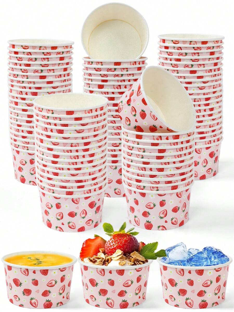 10/25个粉色草莓纸碗，可爱草莓一次性纸碗，冰淇淋碗，糖果碗，一次性餐具，零食碗，一次性食品容器，饼干烘焙碗，桌面装饰，性别揭晓派对用品，婴儿派对装饰，一周岁生日派对用品，节日派对用品，厨房装饰