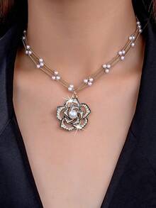 1pc Luxury Rose Flower Rhinestone Pendant Necklace, Fashionable Sexy Versatile For Women - Multicolor - View 1