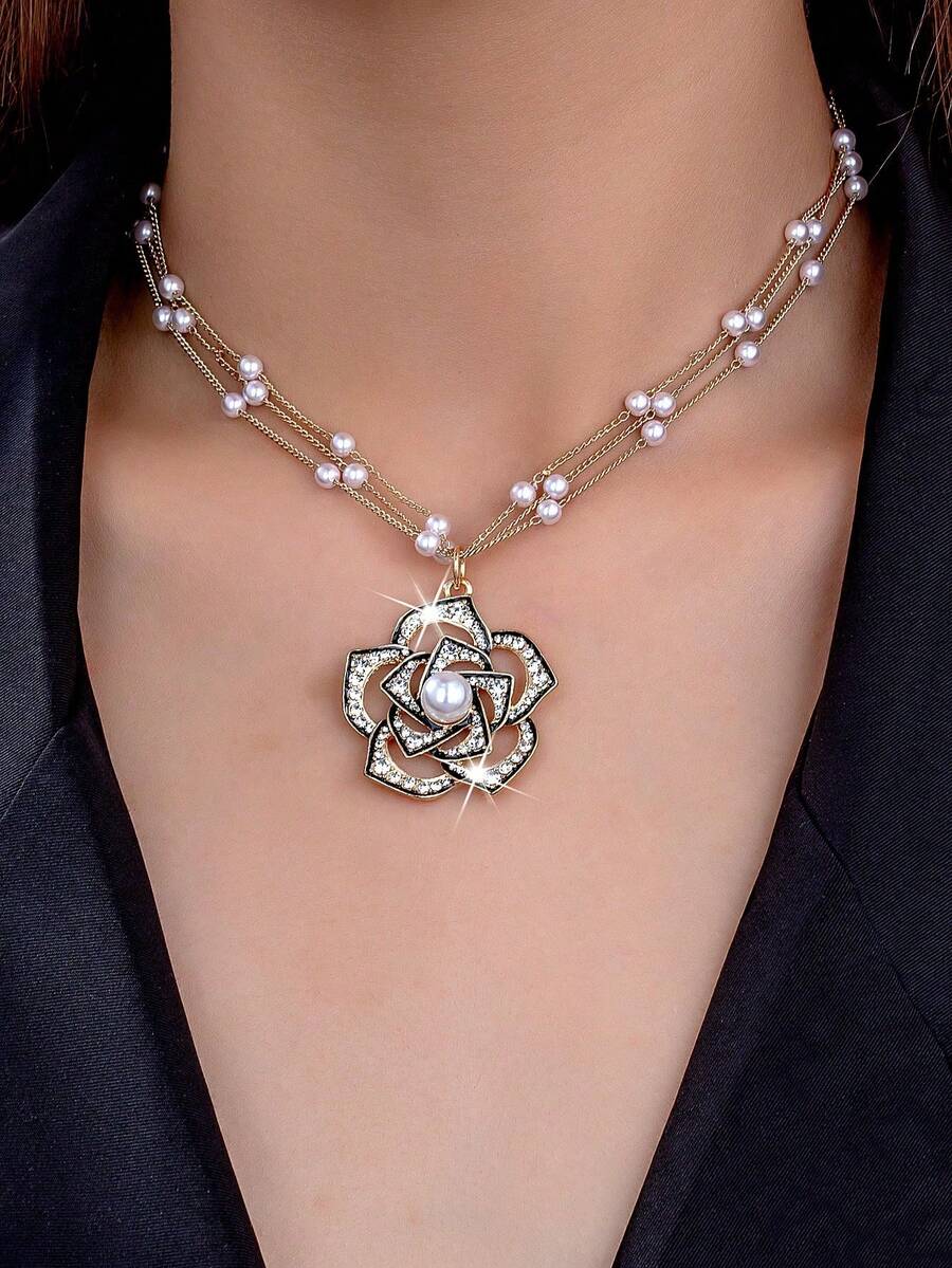 1pc Luxury Rose Flower Rhinestone Pendant Necklace, Fashionable Sexy Versatile For Women - Multicolor - View 1